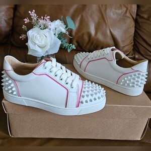New Women's Christian Louboutin White Pink Spiked Leather Sneakers Size 5.5 US